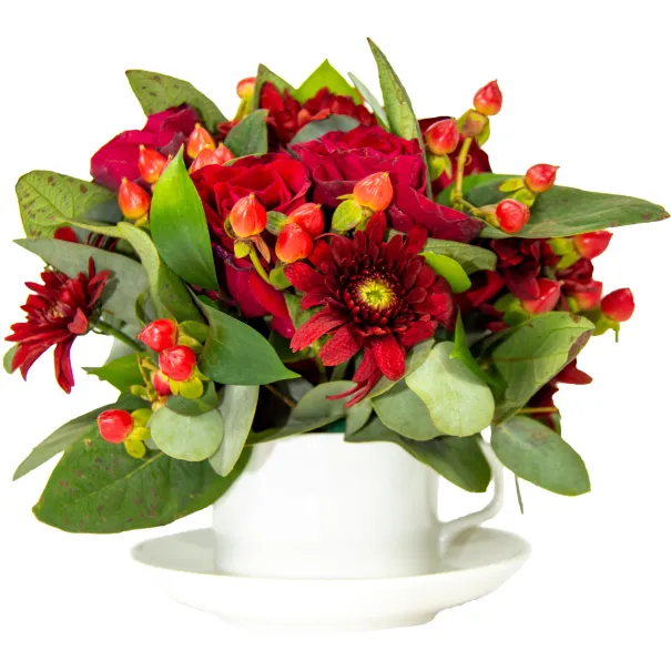 Red Flower Arrangement In Tea Set Product Image