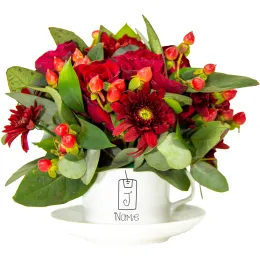 Red Flower Arrangement In Tea Set Product Images