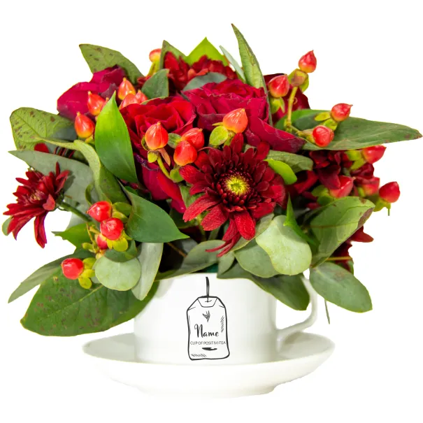 Red Flower Arrangement In Tea Set Product Image