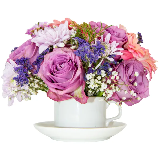 Light Pink Flower Arrangement In Tea Set Product Image