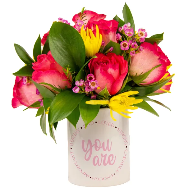 Bright Pink & Yellow Flowers In A Mug Product Image
