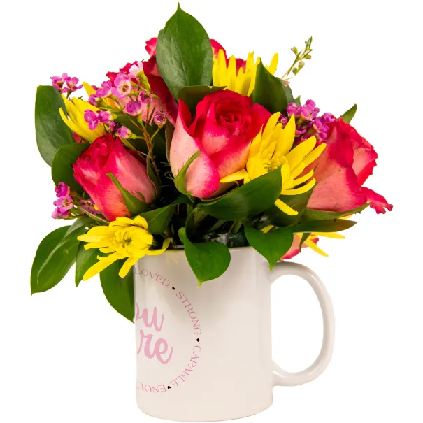 Bright Pink & Yellow Flowers In A Mug Product Image